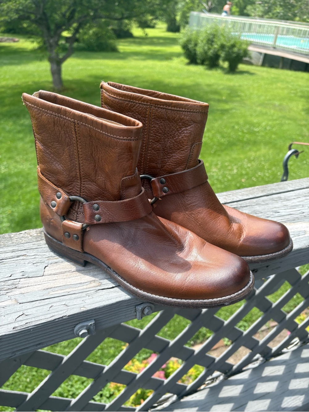 FRYE Phillip Harness Leather Ankle Boots Brown Moto Biker 76870 Size 8 Womens